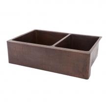 Premier Copper Products KA60DB33229 - 33'' Hammered Copper Kitchen Apron 60/40 Double Basin Sink