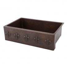 Premier Copper Products KASDB33229F - 33'' Hammered Copper Kitchen Apron Single Basin Sink w/ Fleur De Lis