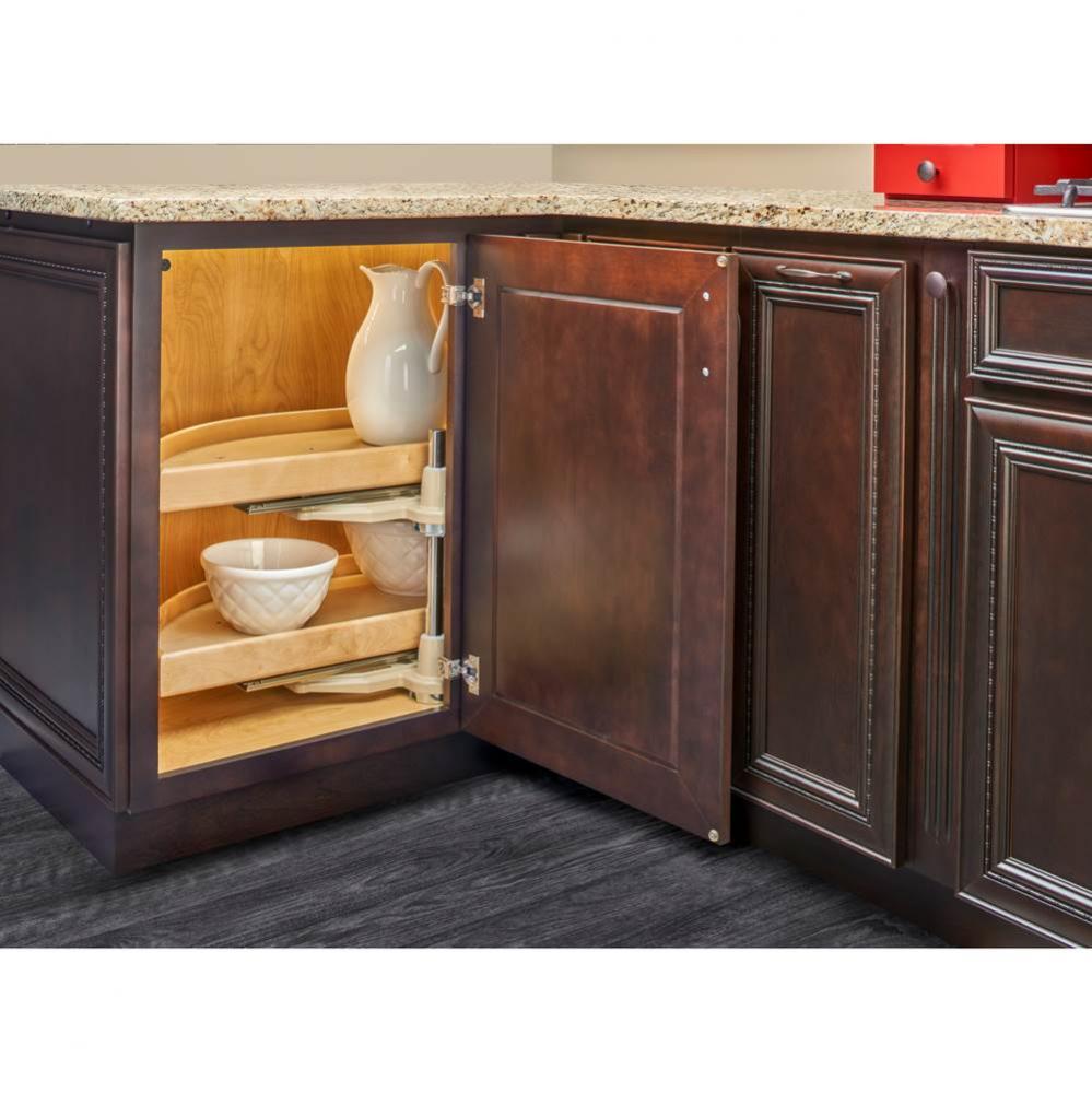 Natural Wood Pivot and Slide Half Moon 2-Shelf Organizer for Blind Corner Cabinets