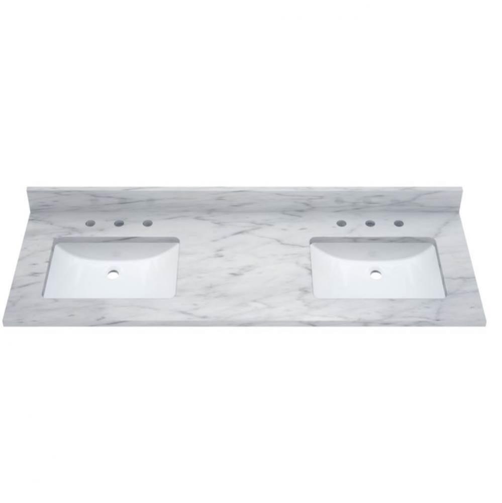 Carrara White Marble, Pre-Mounted Rectangular Ceramic Basin, 3 Cm Thick