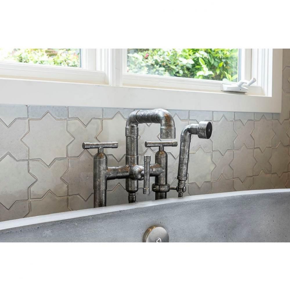 Waterbridge Floor Mount Tub Filler With Elbow Spoutand Handshower 8'' Spread, Center To