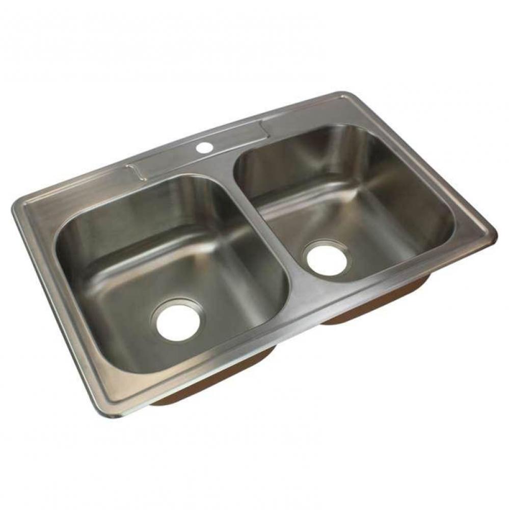 Classic 33in x 22in 18 Gauge Drop-in Double Bowl Kitchen Sink with 1 Faucet Hole