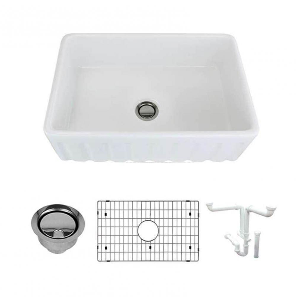 Logan 30in x 20in Super Undermount Single Bowl Farmhouse Fireclay Kitchen Sink with Reversible (Fl