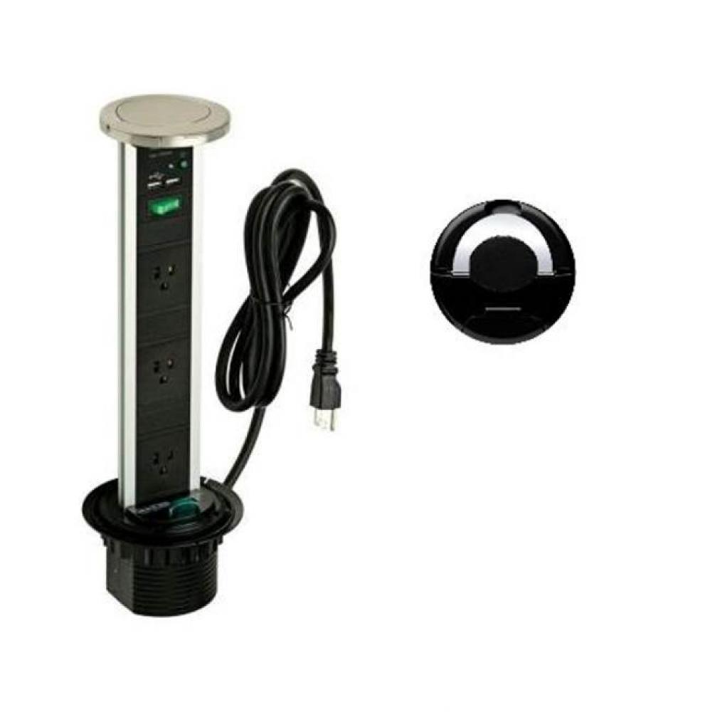 Pop Up Power and Charging Station with 3-socket and 2-usb outlets, Black