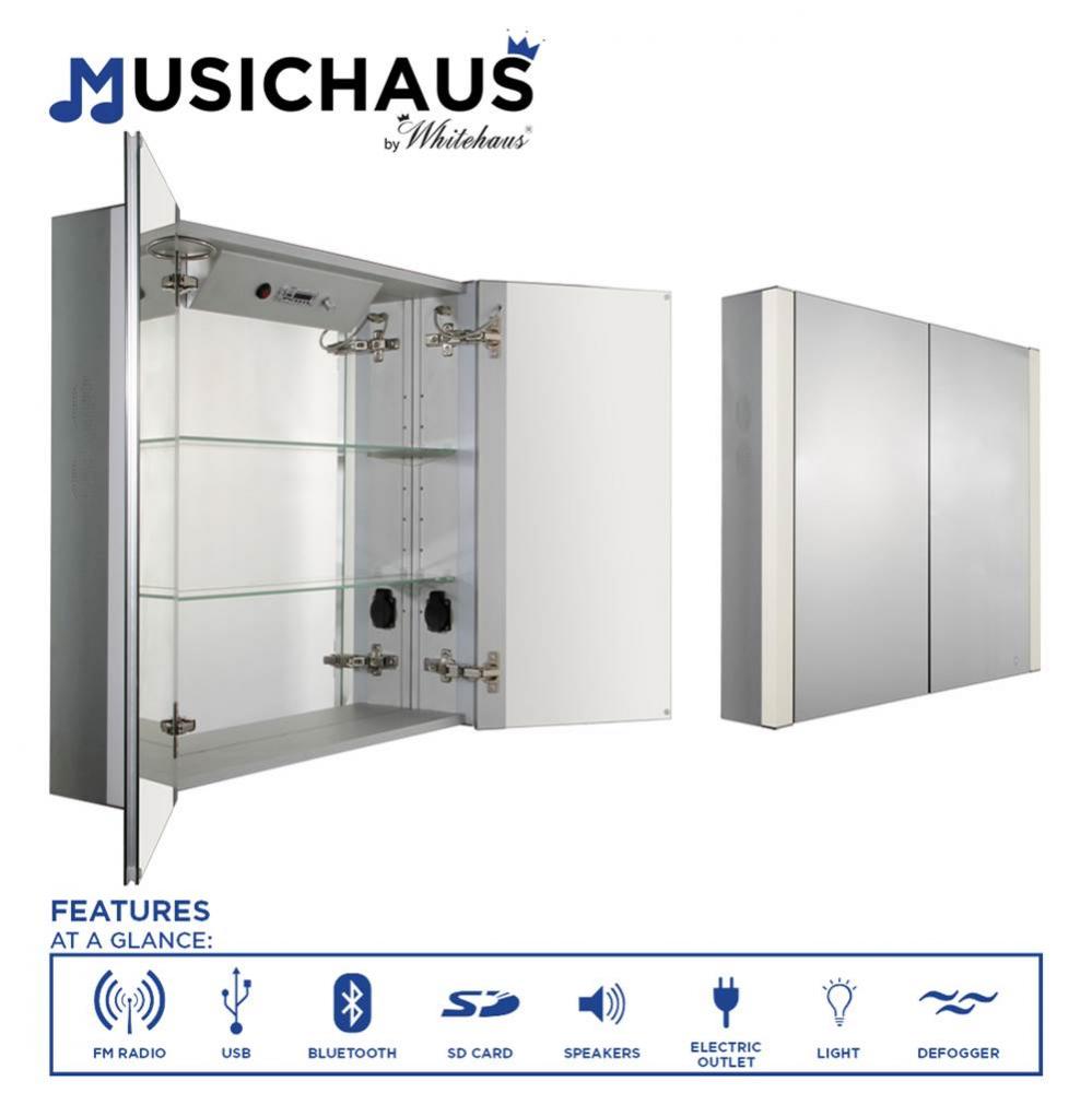 Musichaus Double Mirrored Door Medicine Cabinet with USB, SD Card, Bluetooth, FM radio, Speakers,