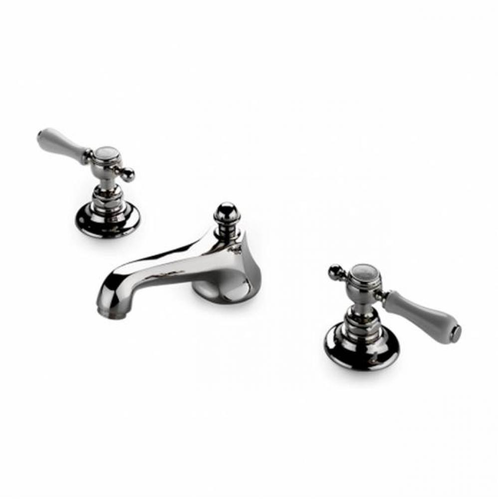 Astoria Low Profile Three Hole Deck Mounted Lavatory Faucet with White Porcelain Lever Handles in