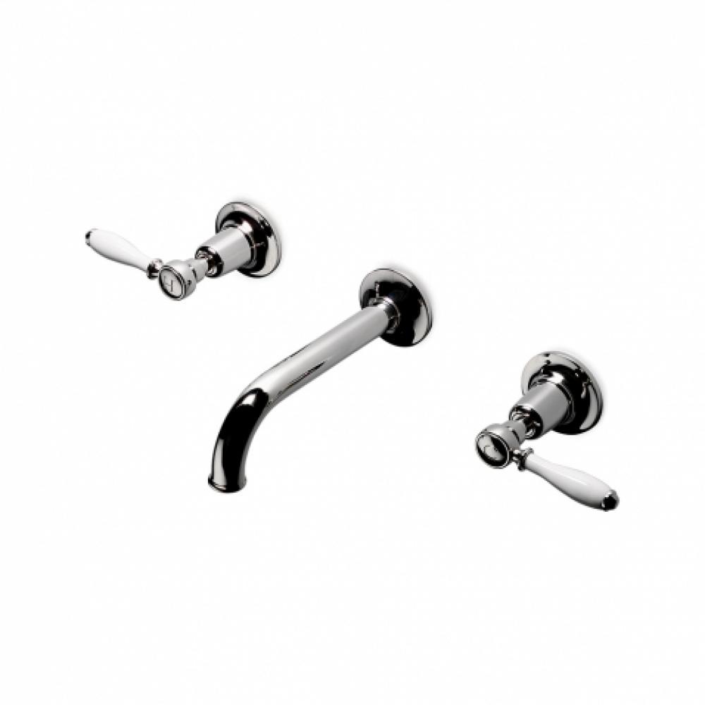 Easton Classic Low Profile Three Hole Wall Mounted Lavatory Faucet with Elongated Spout and White