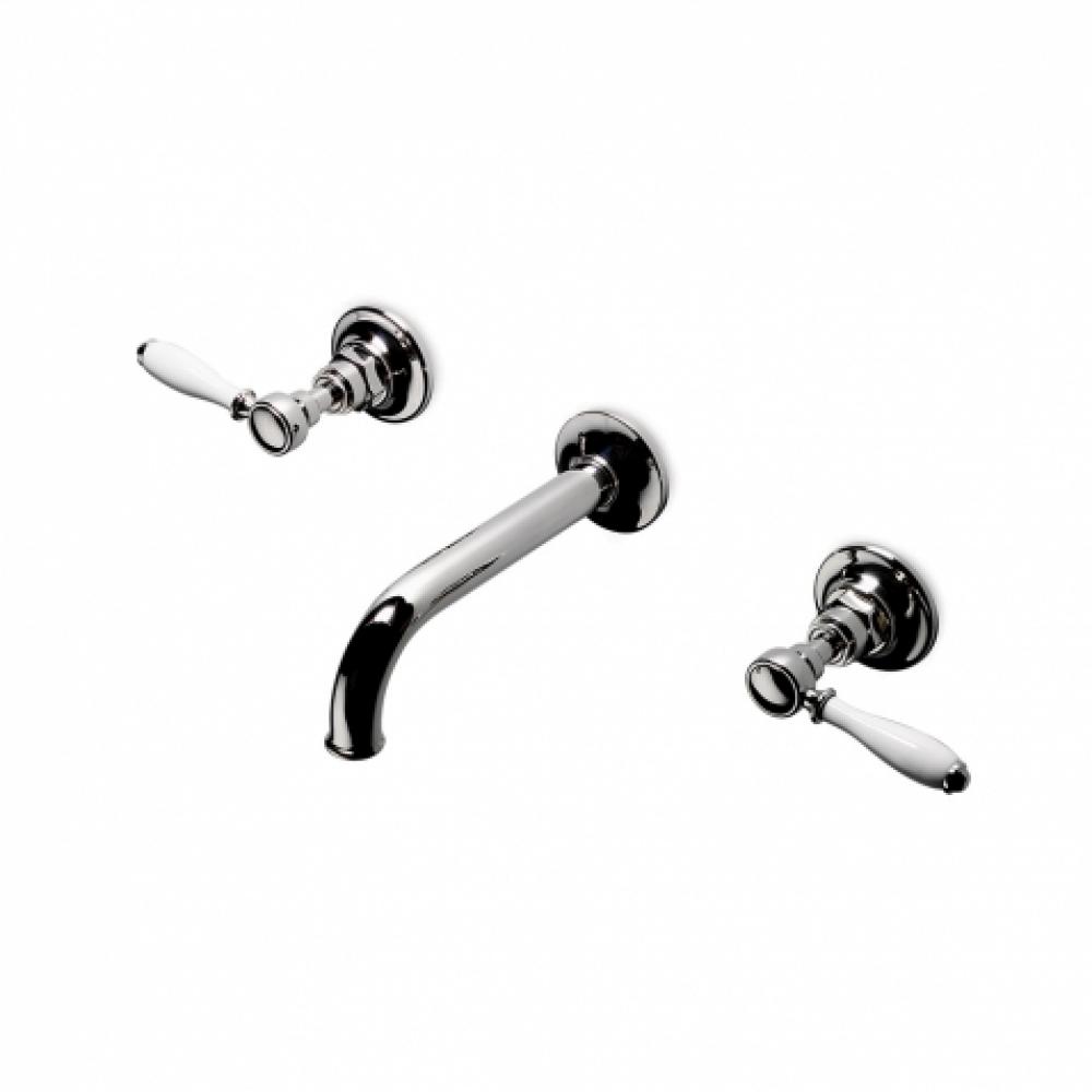 Easton Vintage Low Profile Three Hole Wall Mounted Lavatory Faucet with Elongated Spout and White