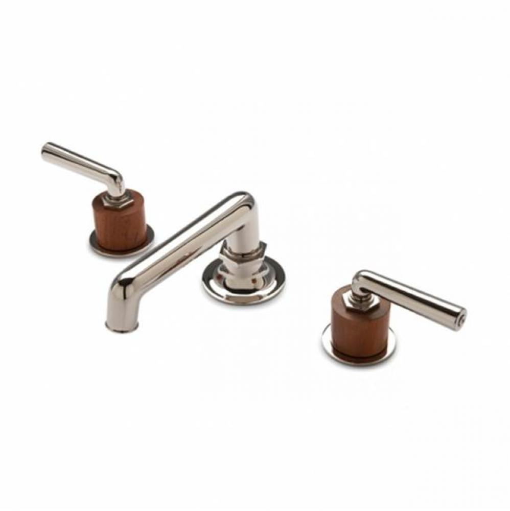 Henry Low Profile Three Hole Deck Mounted Lavatory Faucet with Teak Cylinders and Metal Lever