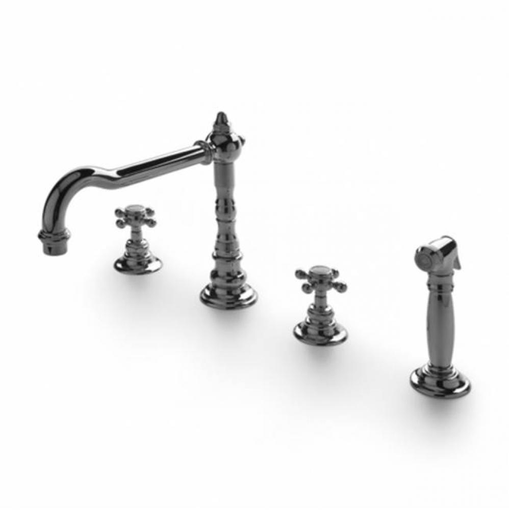 Julia Three Hole High Profile Kitchen Faucet, Metal Cross Handles and Spray in Unlacquered Brass,