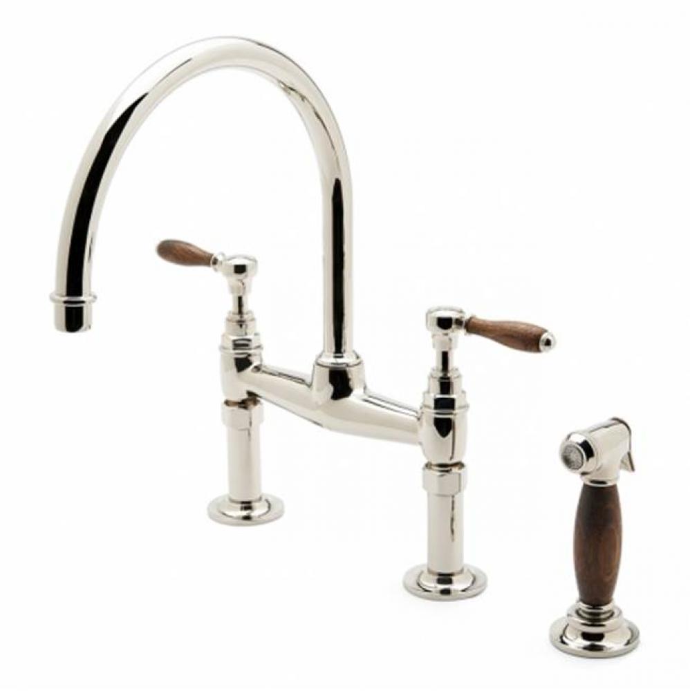 Easton Vintage Two Hole Bridge Gooseneck Kitchen Faucet, Oak Lever Handles and Spray in Chrome,