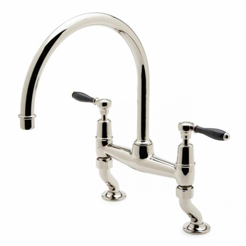 Easton Classic Two Hole Bridge Gooseneck Kitchen Faucet, Black Porcelain Lever Handles in Shiny