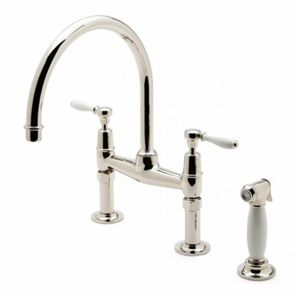 Easton Classic Two Hole Bridge Gooseneck Kitchen Faucet, White Porcelain Lever Handles and Spray