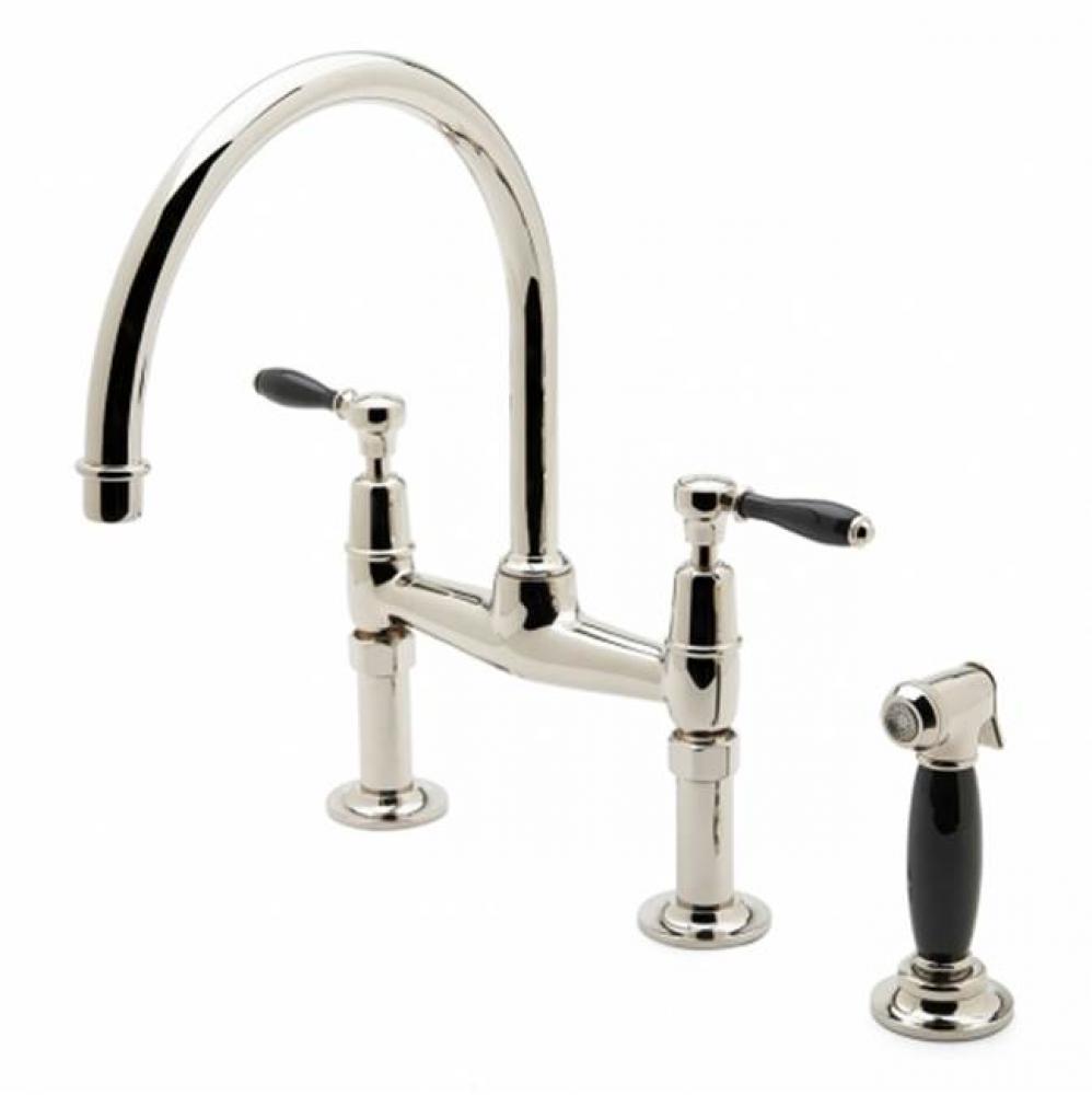 Easton Classic Two Hole Bridge Gooseneck Kitchen Faucet, Black Porcelain Lever Handles and Spray