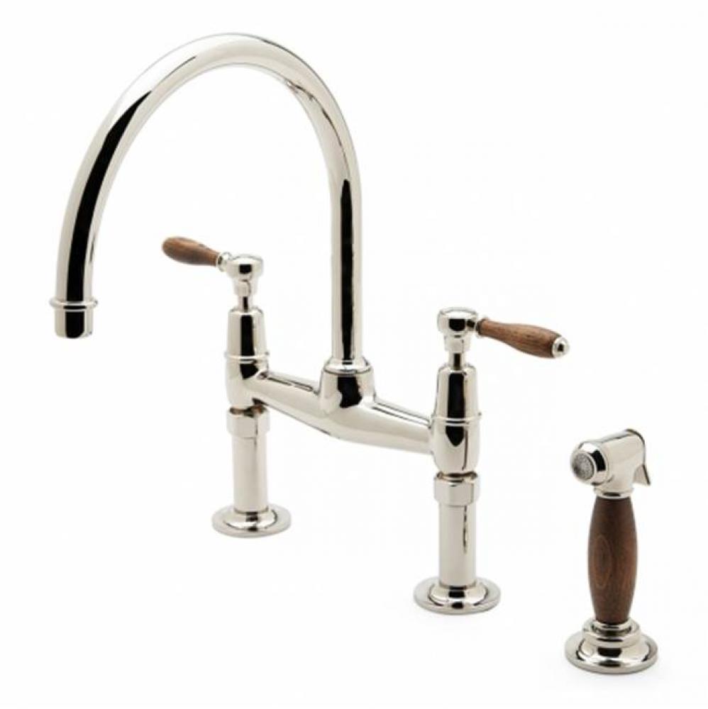 Easton Classic Two Hole Bridge Gooseneck Kitchen Faucet, Oak Lever Handles and Spray in