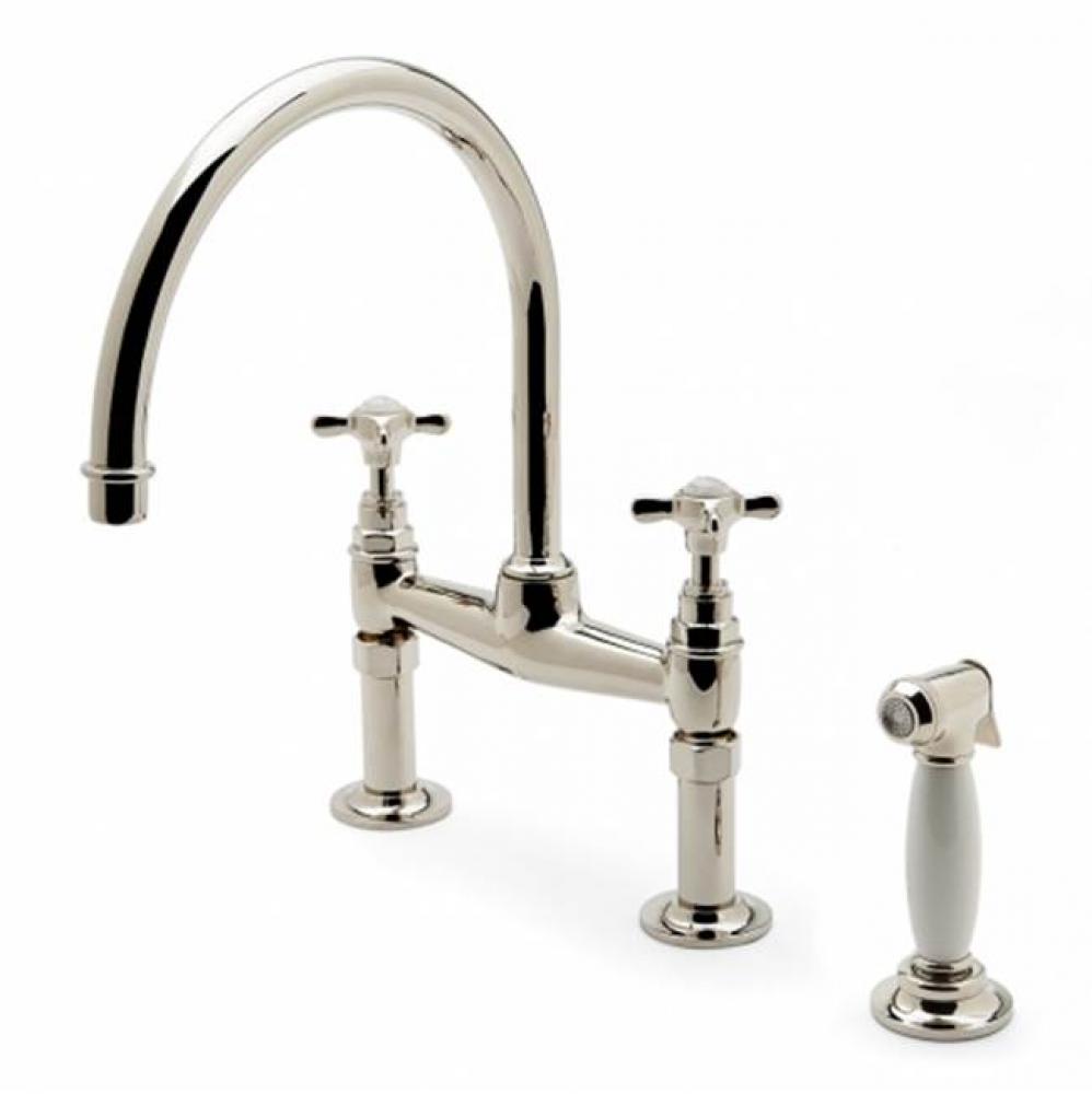 Easton Vintage Two Hole Bridge Gooseneck Kitchen Faucet, Metal Cross Handles and White Porcelain