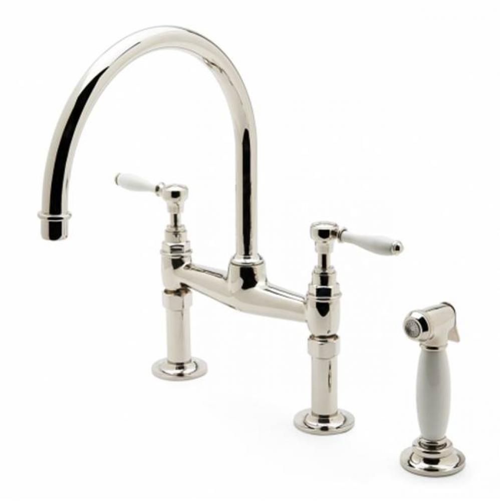 Easton Vintage Two Hole Bridge Gooseneck Kitchen Faucet, White Porcelain Lever Handles and Spray