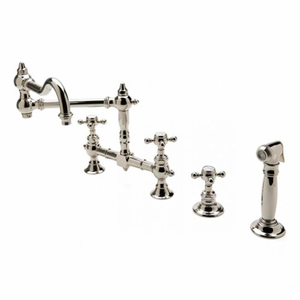 Julia Two Hole Bridge Articulated Kitchen Faucet, Metal Cross Handles and Spray in Unlacquered
