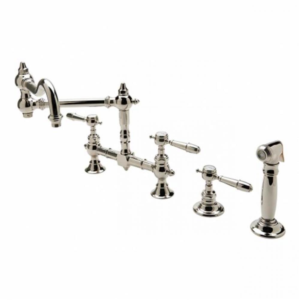 Julia Two Hole Bridge Articulated Kitchen Faucet, Metal Lever Handles and Spray in Unlacquered