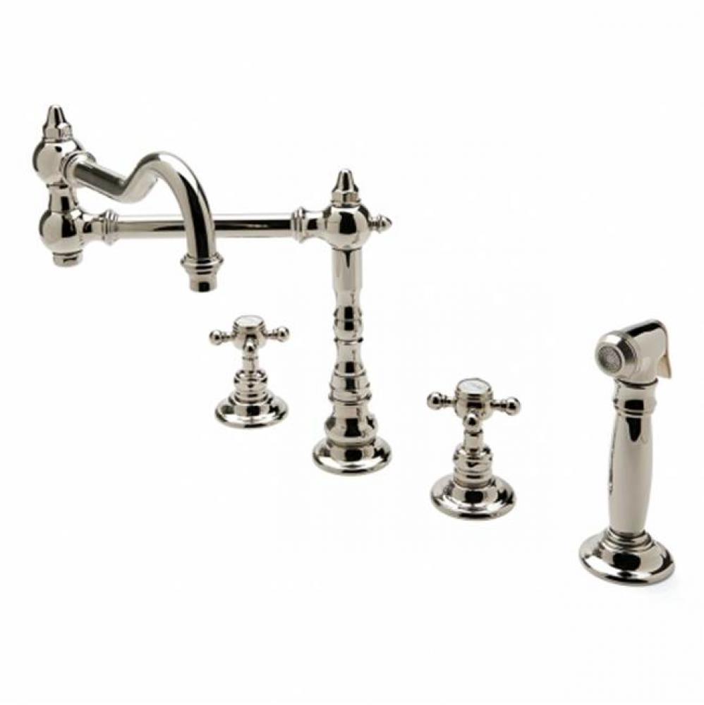 Julia Three Hole Articulated Kitchen Faucet, Metal Cross Handles and Spray in Vintage