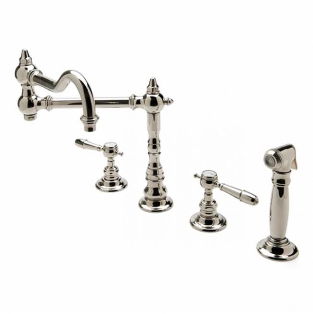 Julia Three Hole Articulated Kitchen Faucet, Metal Lever Handles and Spray in Antique Copper,