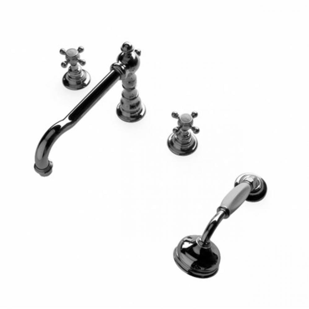 Julia Deck Mounted High Profile Concealed Tub Filler with Metal Handshower and Metal Cross