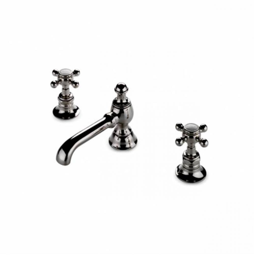 Julia Low Profile Three Hole Deck Mounted Lavatory Faucet with Metal Cross Handles in Pewter