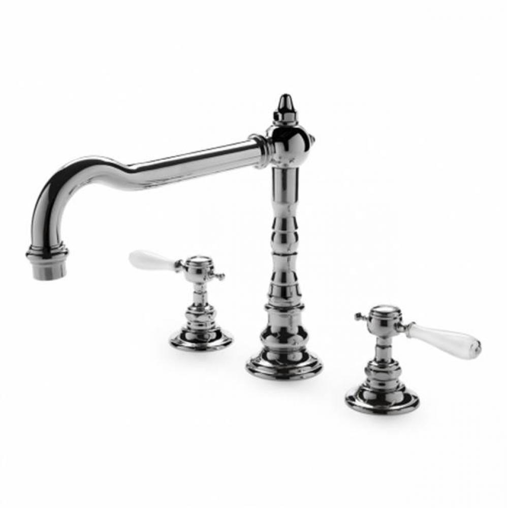 Julia Three Hole High Profile Kitchen Faucet, White Porcelain Lever Handles in