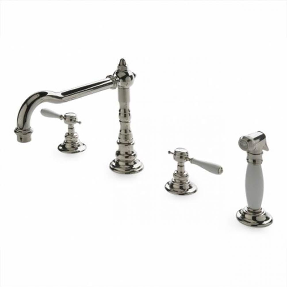 Julia Three Hole High Profile Kitchen Faucet, White Porcelain Levers and Spray in