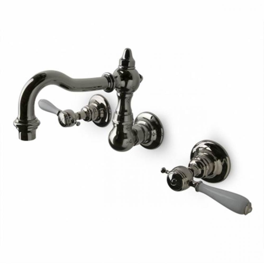 Julia High Profile Three Hole Wall Mounted Lavatory Faucet with White Porcelain Lever Handles in
