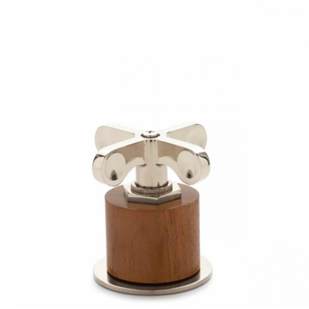 Henry Gooseneck Three Hole Deck Mounted Lavatory Faucet with Teak Cylinders and Metal Cross
