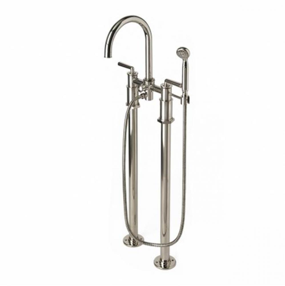 Henry Exposed Floor Mounted Tub Filler with Handshower and Metal Lever Handles in Unlacquered