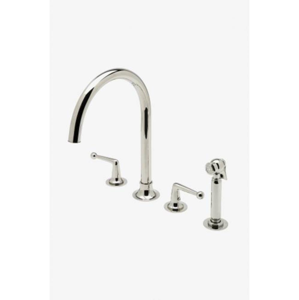 Dash Three Hole Gooseneck Kitchen Faucet with Metal Lever Handles and Spray in Burnished Nickel, 1