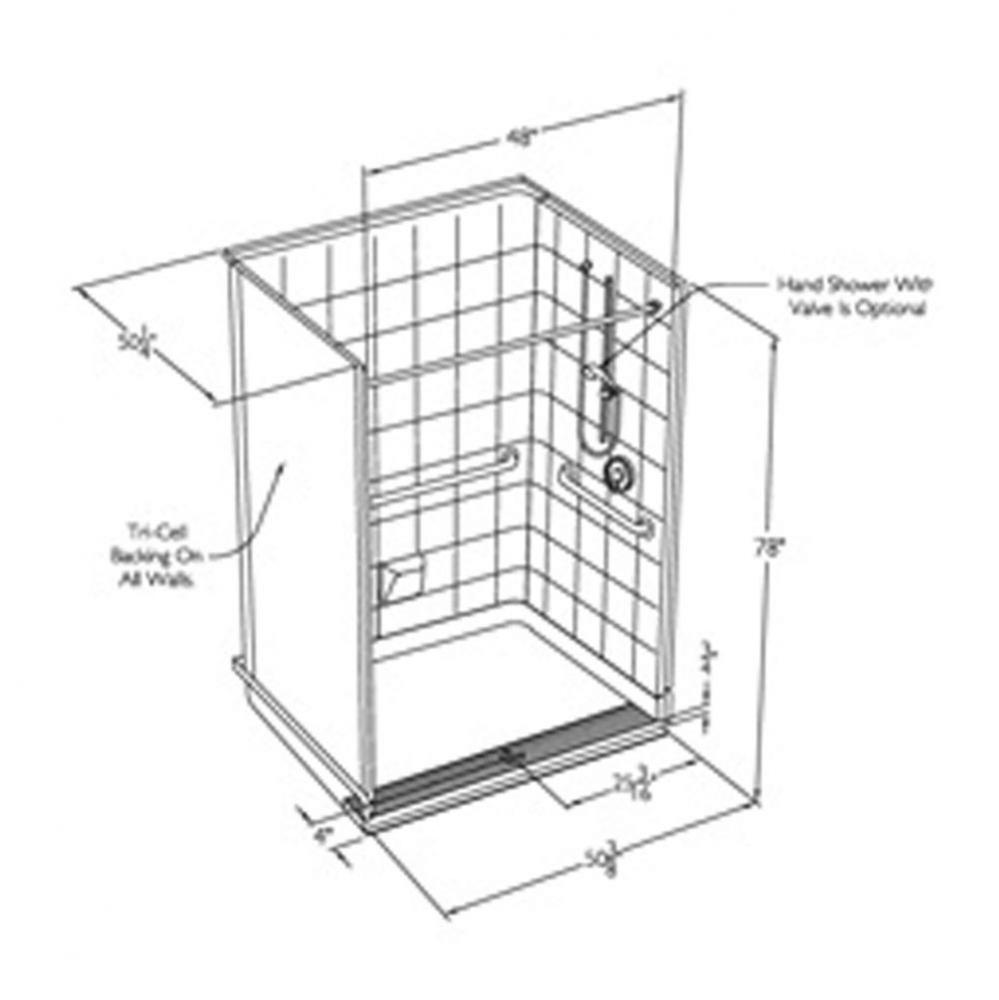 48 x 48 VA code compliant gelcoat multi-piece shower with integral trench