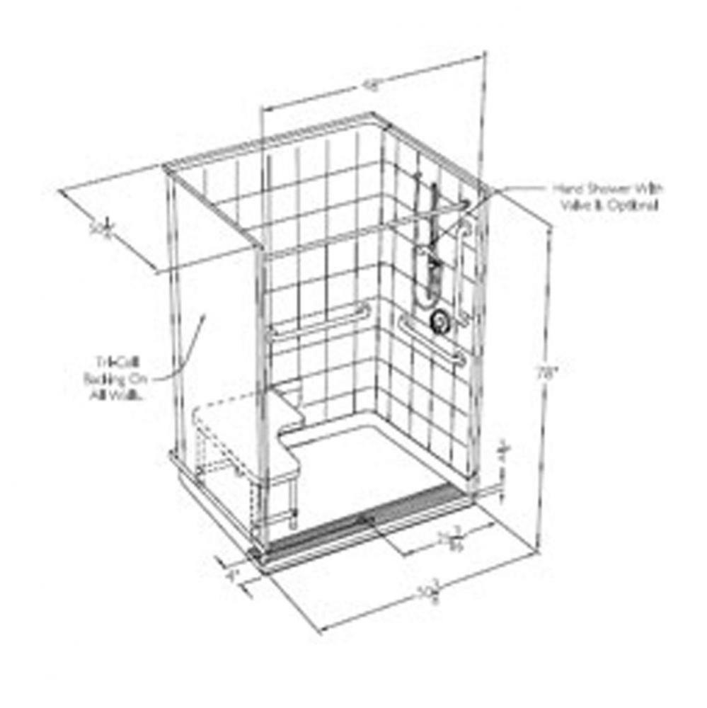 48 x 48 VA code compliant gelcoat multi-piece shower with integral trench