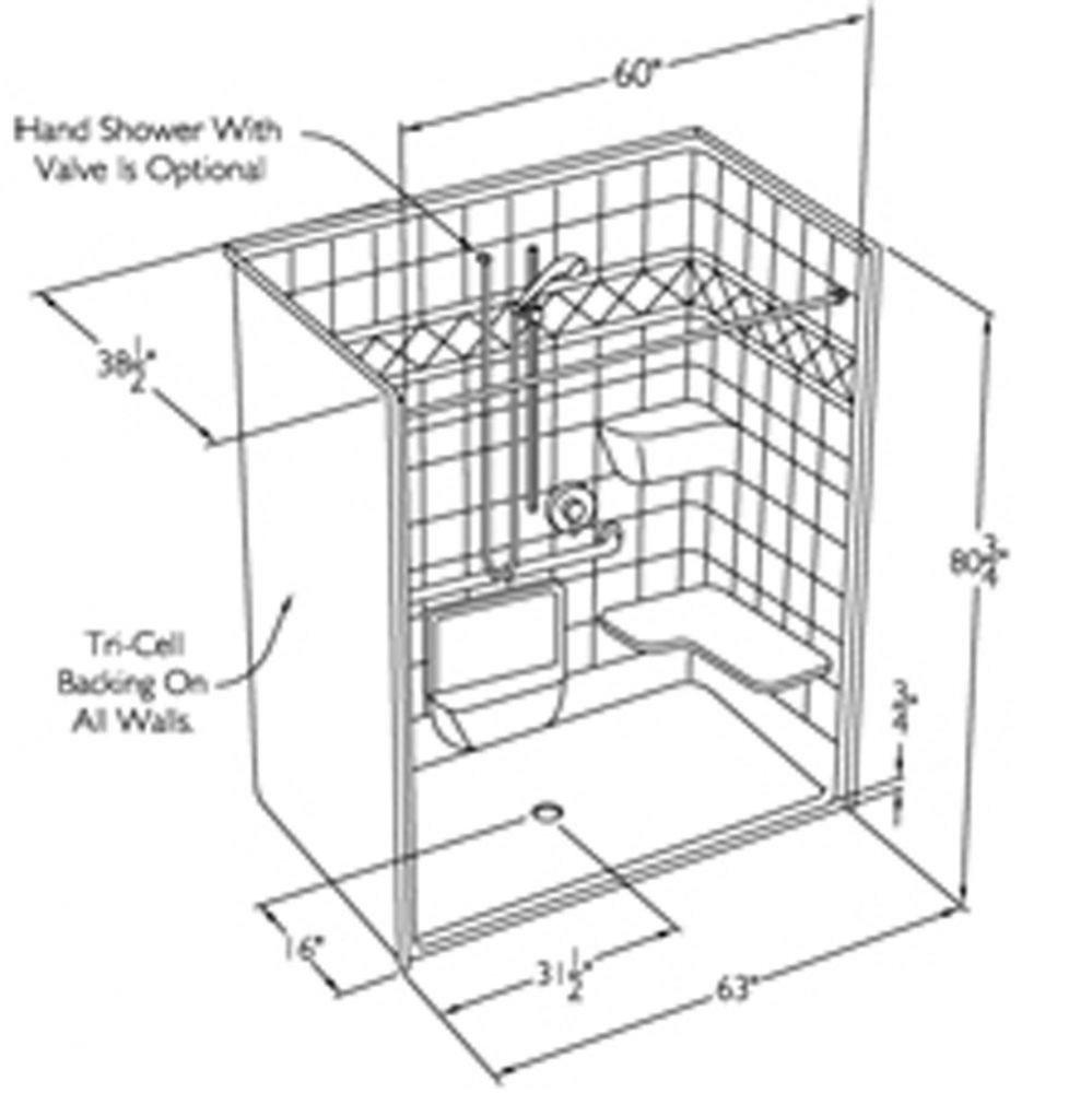 60 x 36 code compliant solid surface roll in shower with change of level