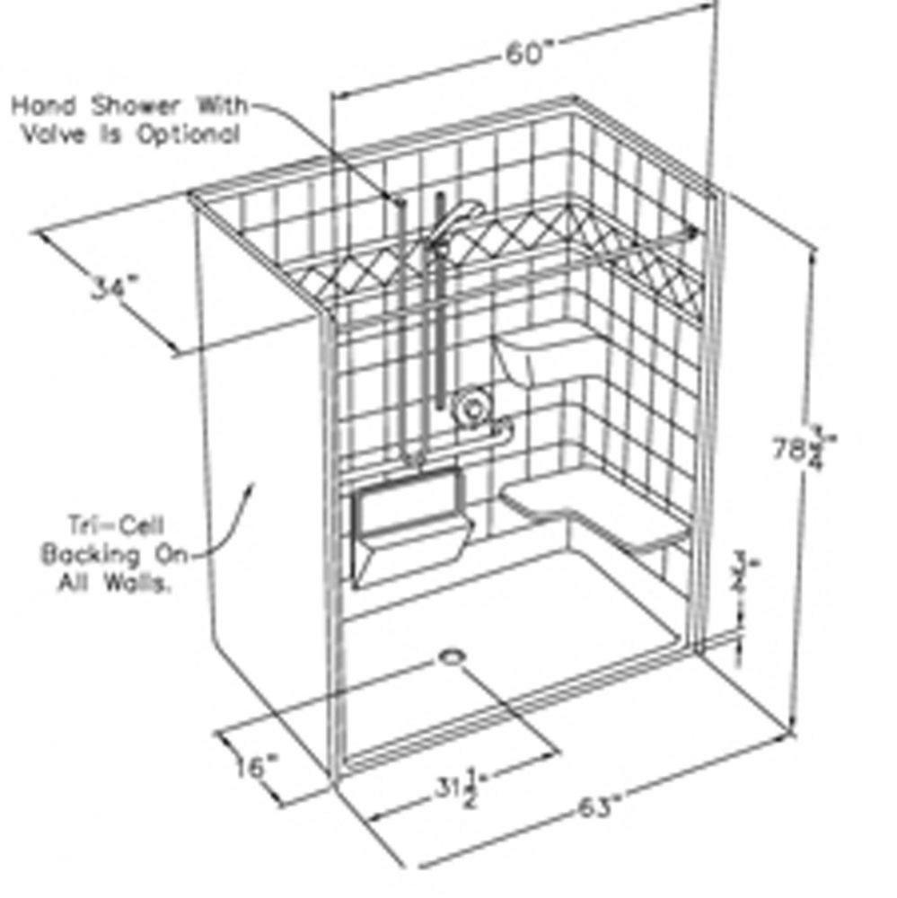 60 x 32 code compliant gelcoat one piece roll in shower with change of level