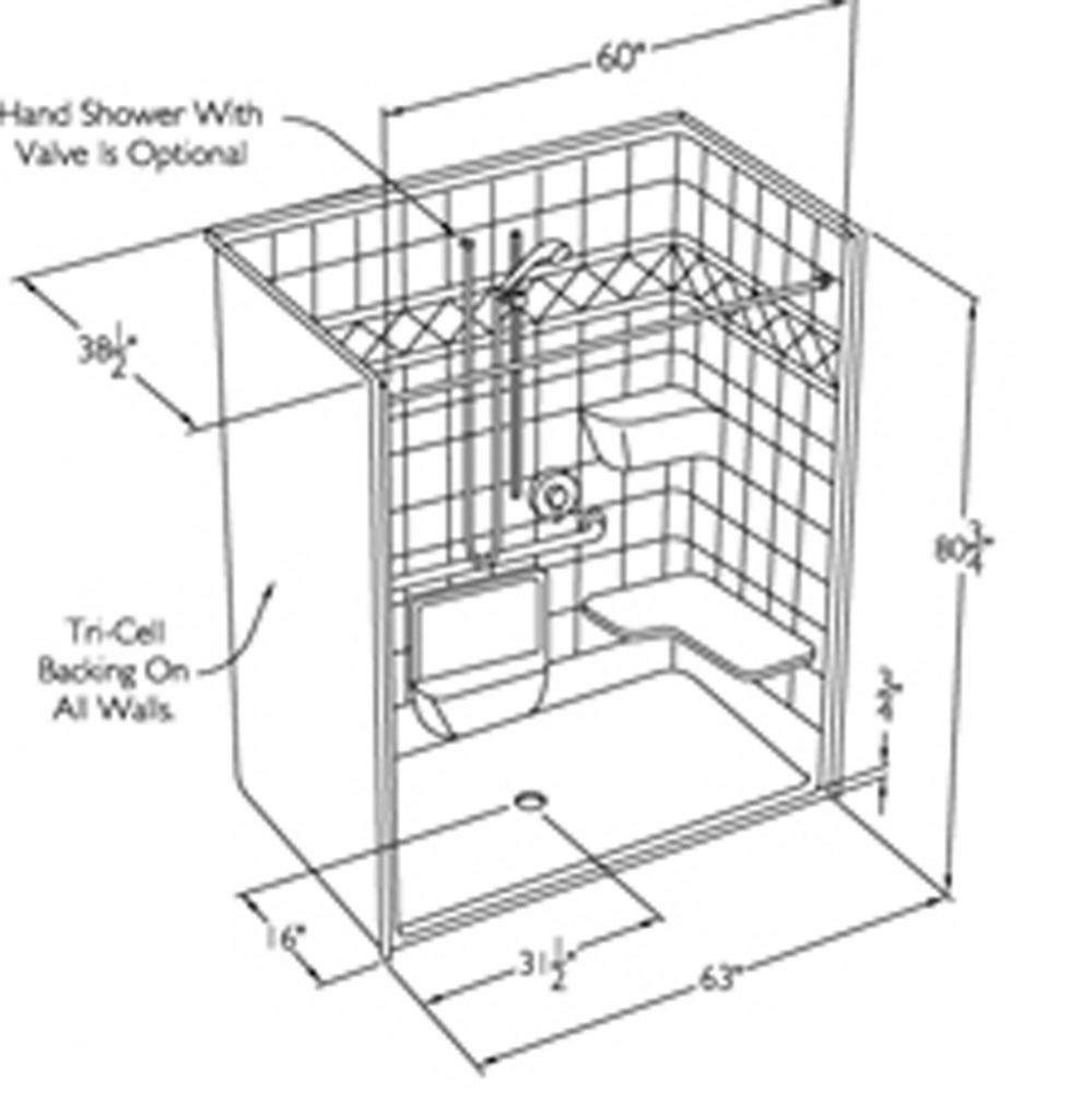 60 x 36 code compliant gelcoat roll in shower with change of level