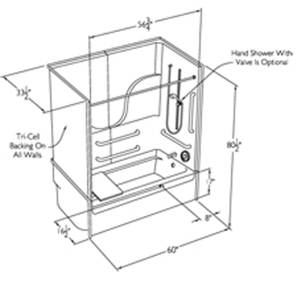 60 x 32 code compliant gelcoat multi-piece  tub shower with flat back