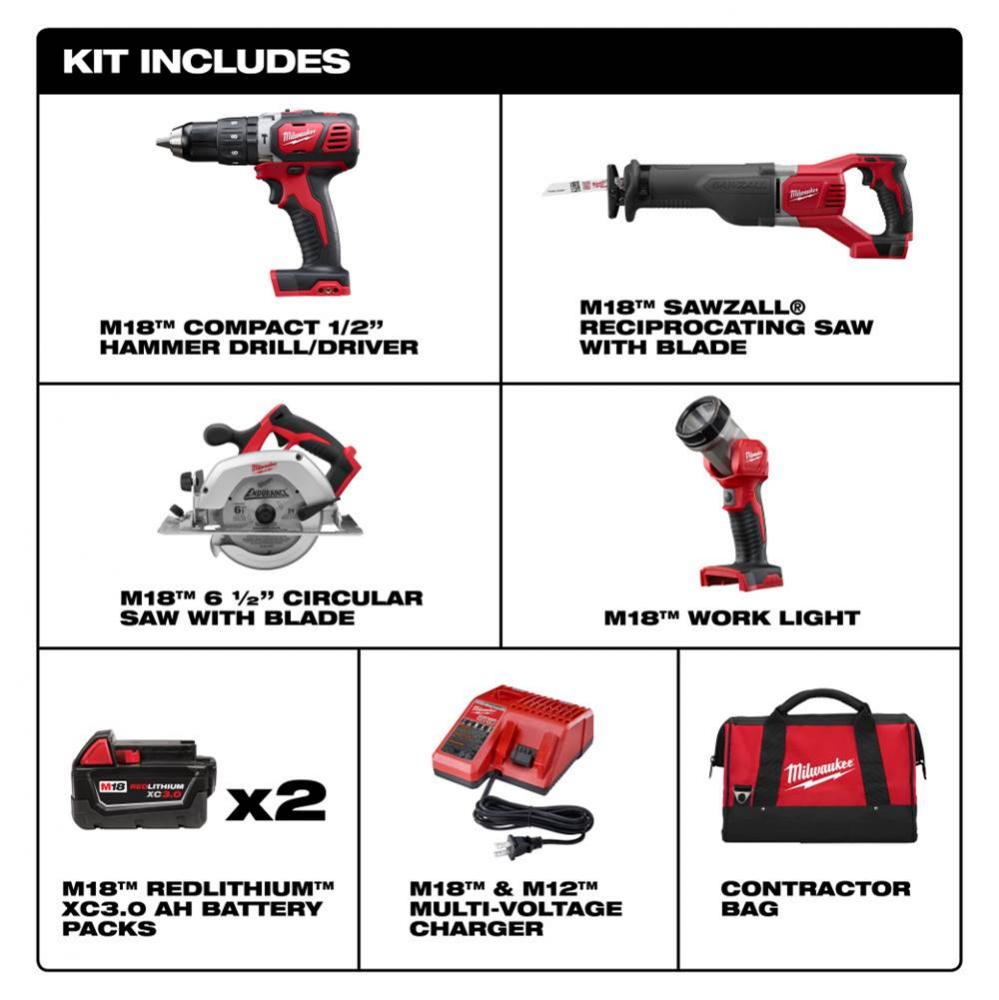 M18 Combo Cmpt Hmr Dr/Swzl/Circ Saw/Lgt Kit
