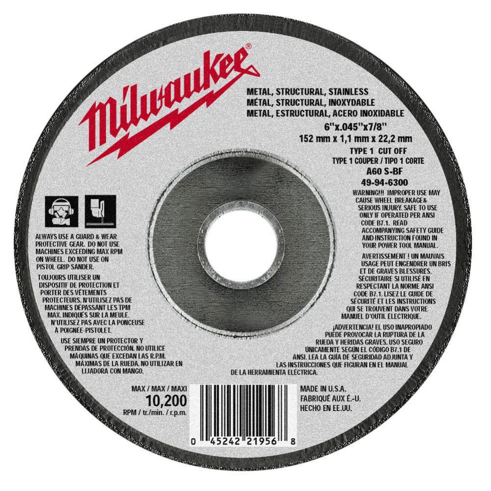 6'' x .045'' x 7/8'' Cut-Off Wheel (Type 1)