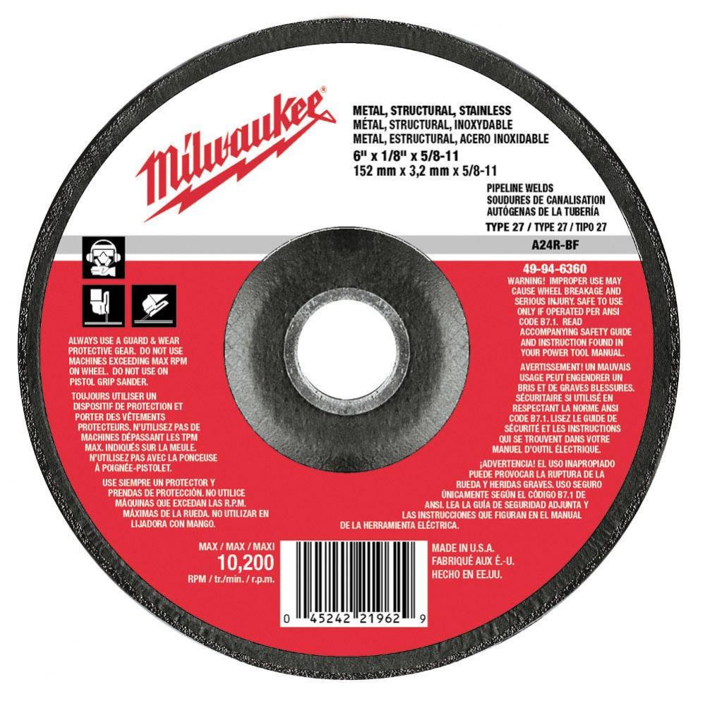 6'' x 1/8'' x 5/8-11'' Grinding Wheel (Type 27)