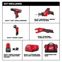 Milwaukee Tool 2499-24 - M12 Combo 3/8'' Drvdrl/Hackz/Copper Tube Cutter/Lgt Kit
