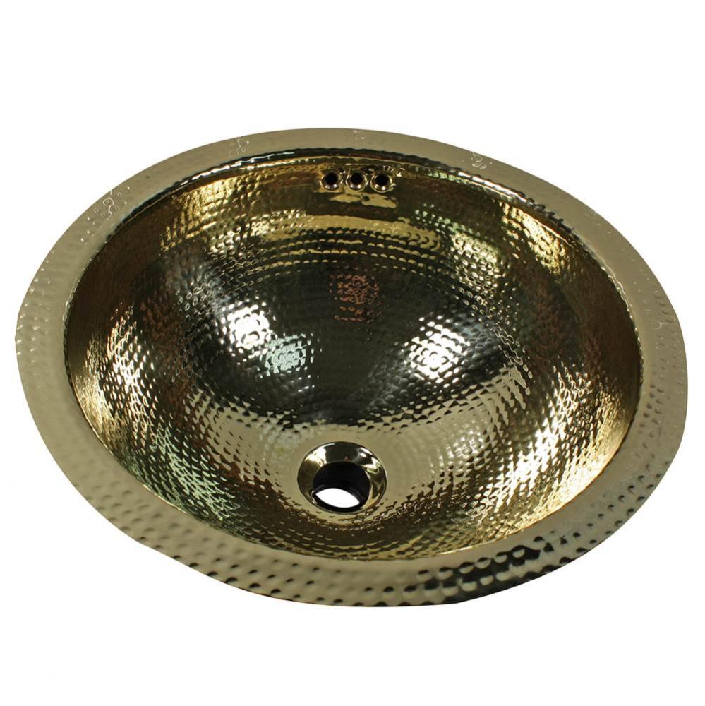 13 Inch Hand Hammered Brass Round Undermount Bathroom Sink, Brass With Overflow