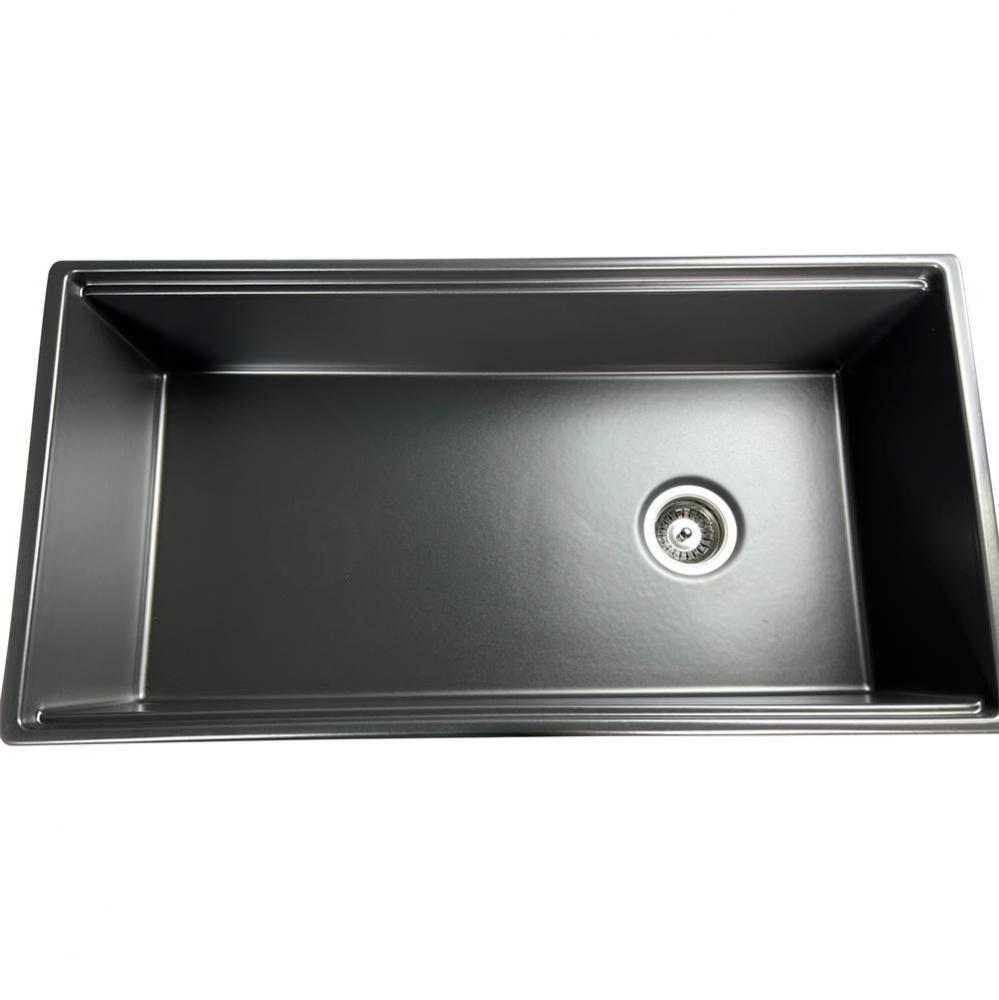 36 Inch Matte Black Farmhouse Workstation Fireclay Sink With Offset Drain, Integral Shelf For Cutt