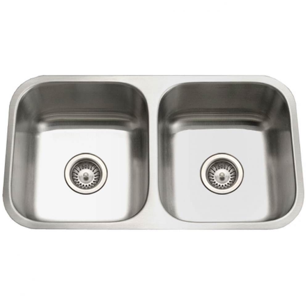 Enterprise 32'' Undermount Stainless Steel 50/50 Double Bowl Kitchen Sink, 18 Gauge