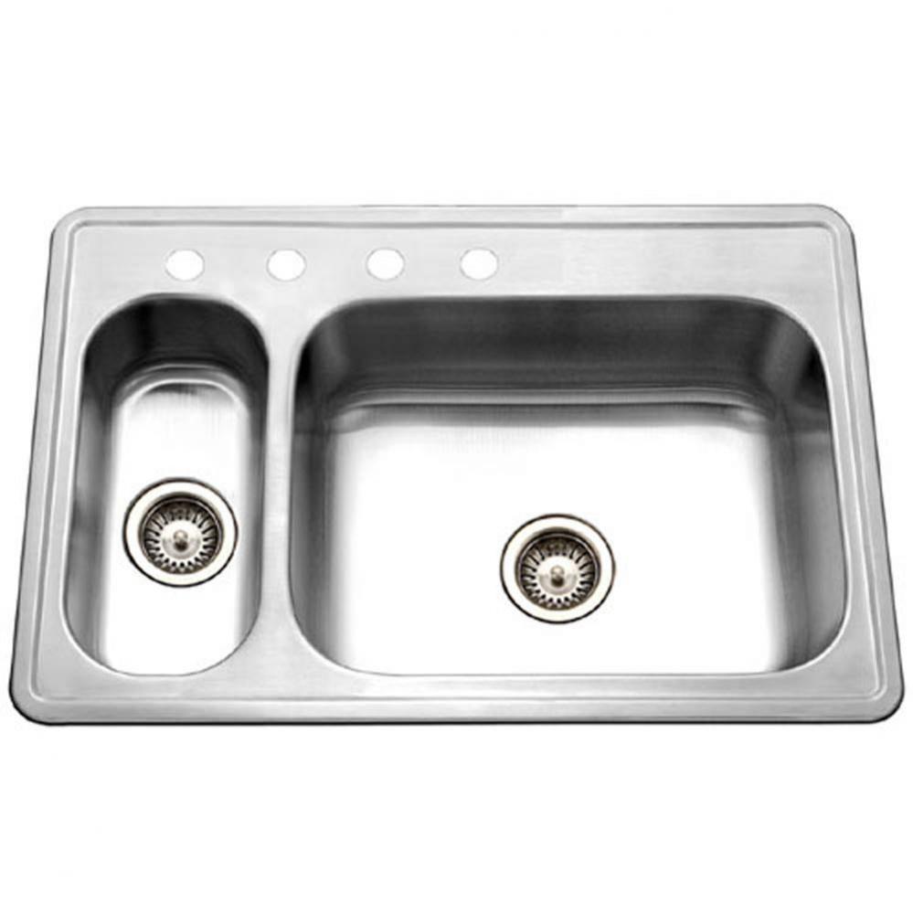 Tureen 33'' Topmount Stainless Steel 4-hole 70/30 Double Bowl Kitchen Sink, Bulk Pack