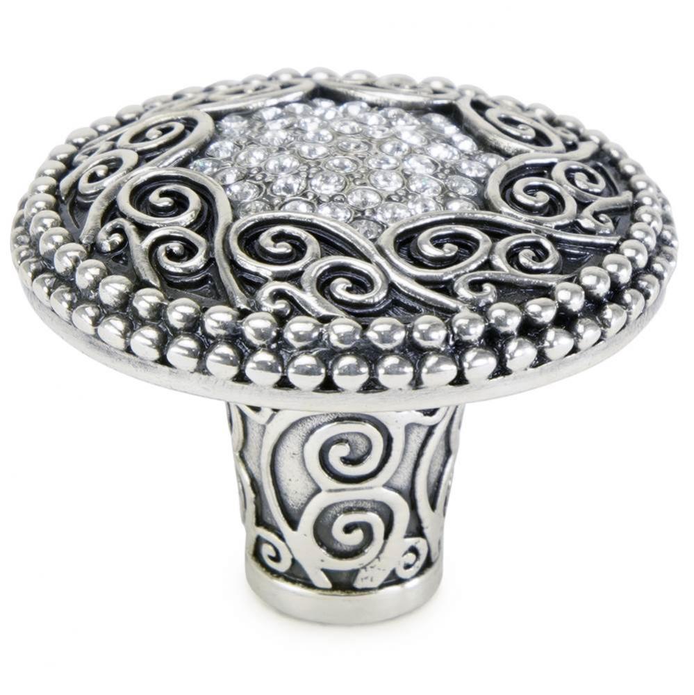 Deco Knob Decorated With Clear Swarovski Crystals In Burnished Silver Plate
