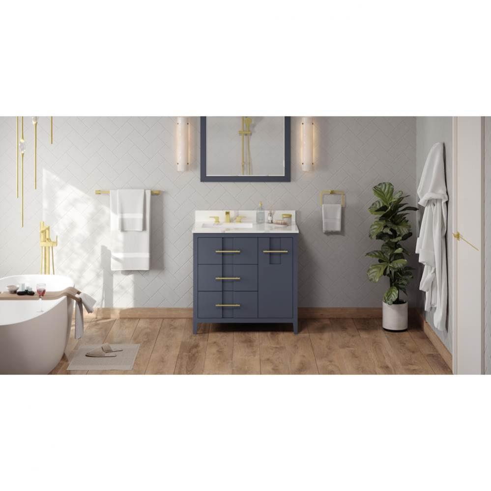 36'' Blue Steel Katara Vanity, Left Offset, Calacatta Vienna Quartz Vanity Top, Undermou