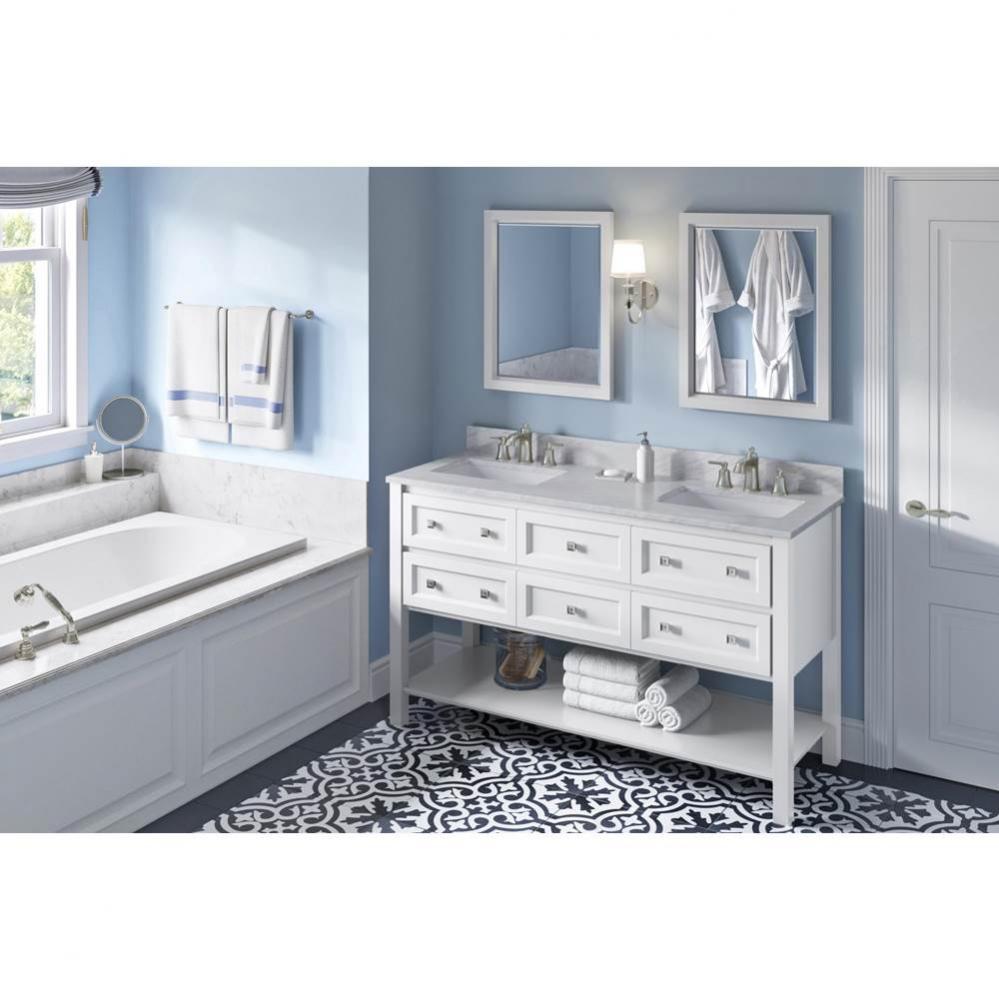 60'' White Adler Vanity, double bowl, White Carrara Marble Vanity Top, two undermount re